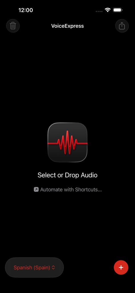 Schermata principale dell'app mobile VoiceExpress che mostra l'interfaccia di caricamento audio con un'icona a forma di onda rossa in modalità scura