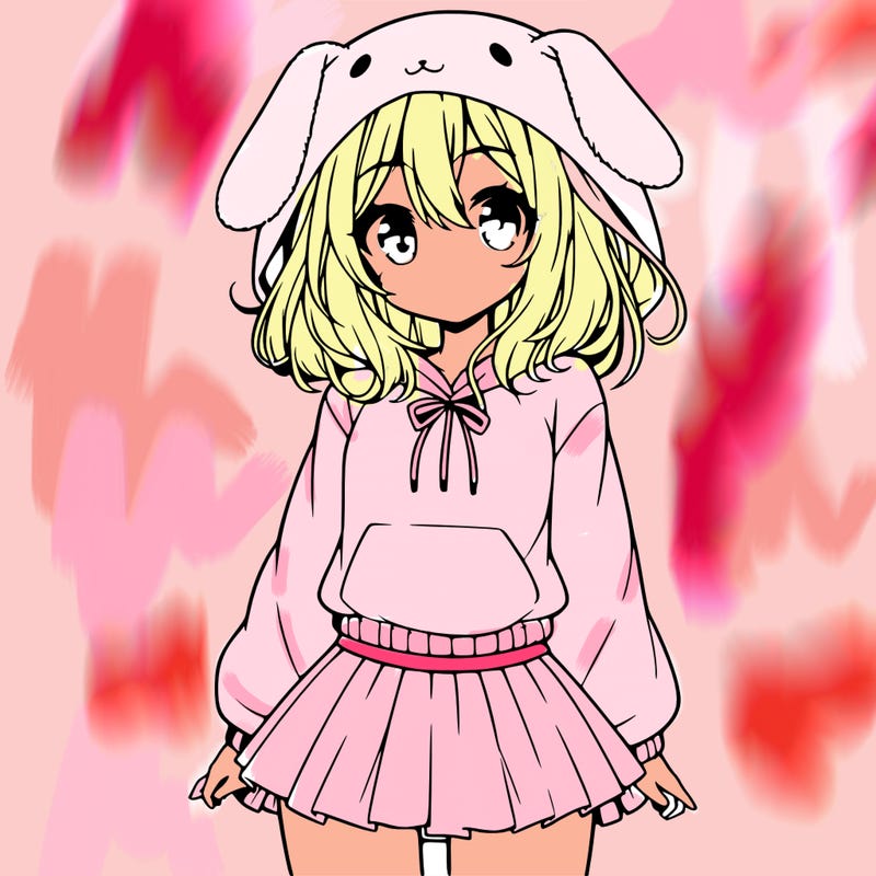 pretty anime girl wearing a fluffy hoodie with bunny ears on the hood and a skirt