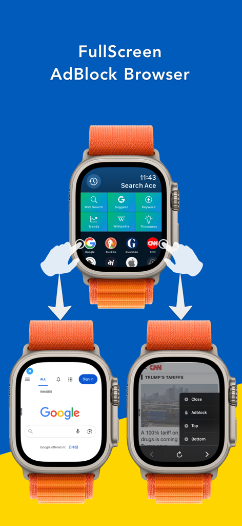 Search Ace - AI Browser - Search Ace full screen adblock browser interface on Apple Watch displaying search and news sites