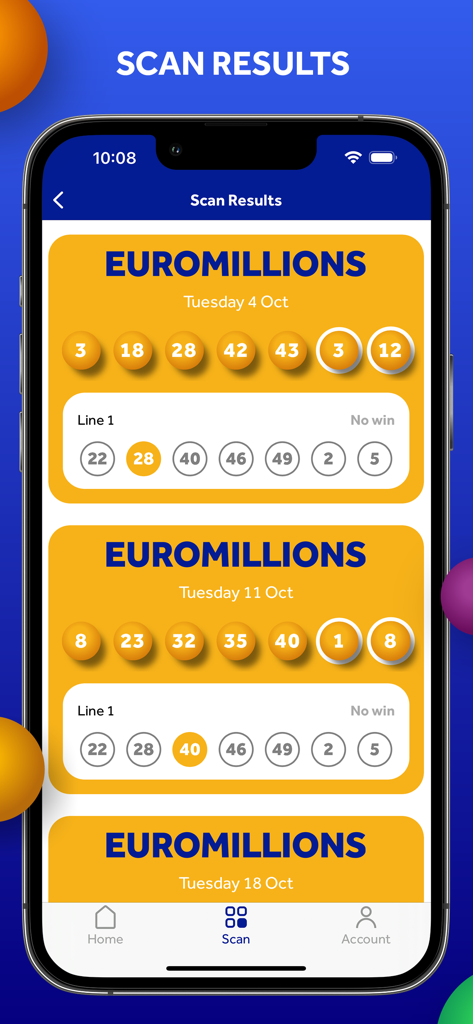 National Lottery Live Scanner - EuroMillions lottery scan results showing winning numbers and ticket matches