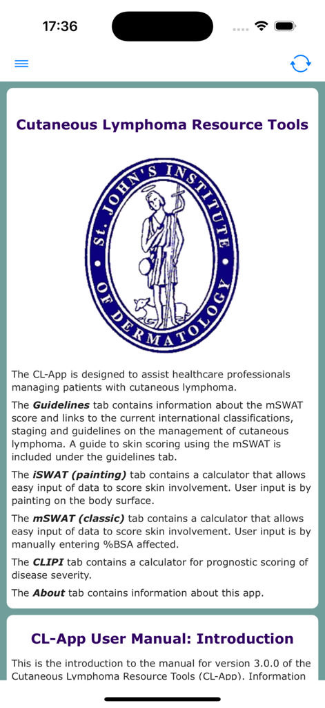 Cutaneous Lymphoma Tools - Introduction screen of the Cutaneous Lymphoma Tools app featuring the St Johns Institute of Dermatology logo and descriptions of clinical features