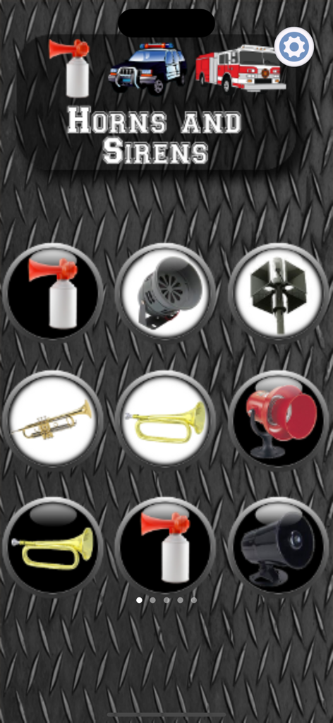 Horns and Sirens - Main interface of Horns and Sirens app featuring various sound effect buttons for air horns and emergency sirens on a metallic background.