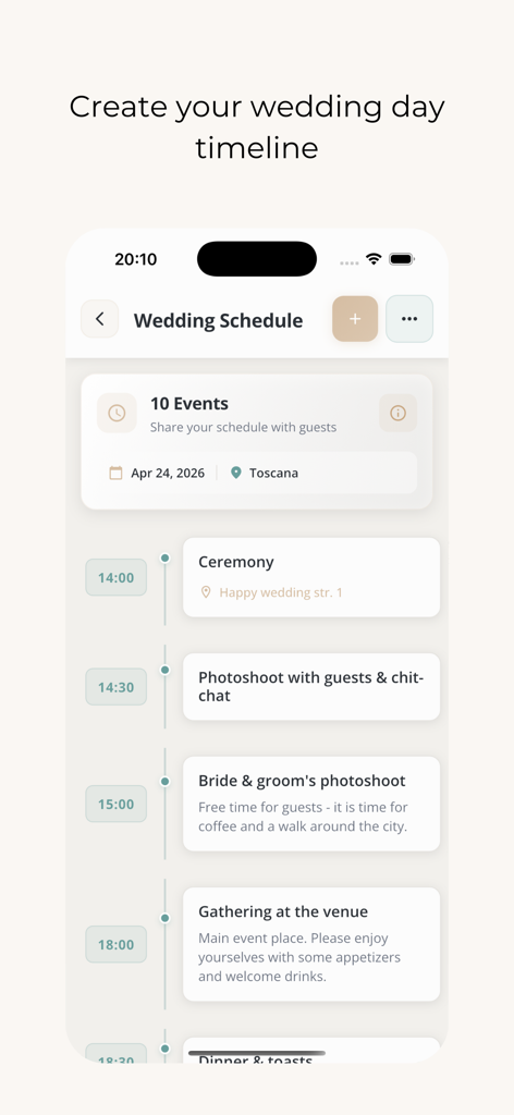 A mobile app screen showing a detailed wedding day schedule and timeline
