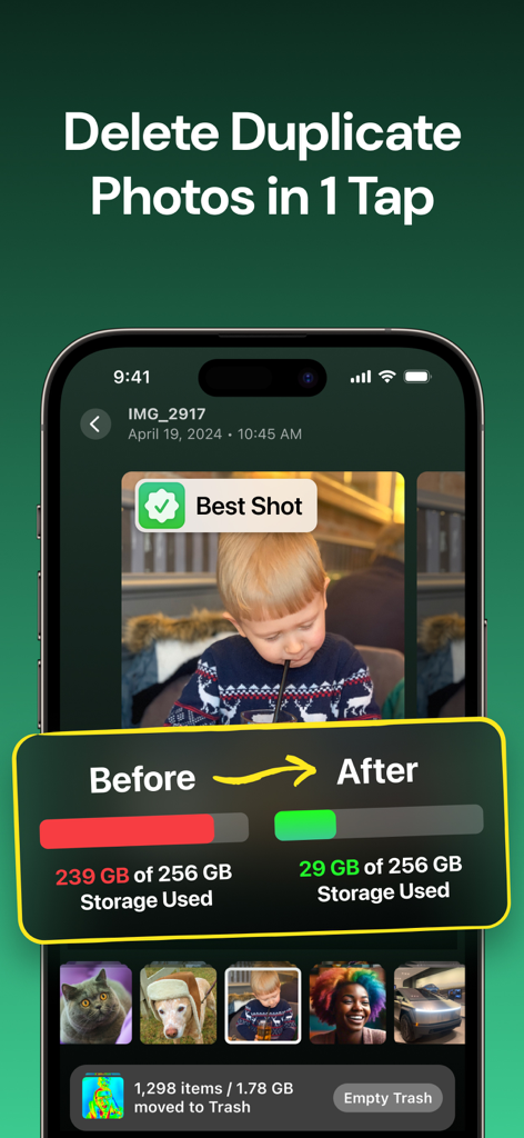 Interface de l'application Clever Cleaner montrant la suppression de photos en double et la comparaison du stockage avant et après nettoyage