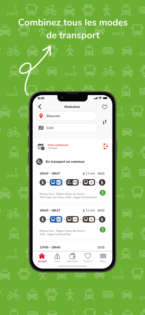 Interfaz de la app Oise Mobilite mostrando opciones de transporte multimodal para un viaje entre Beauvais y Creil