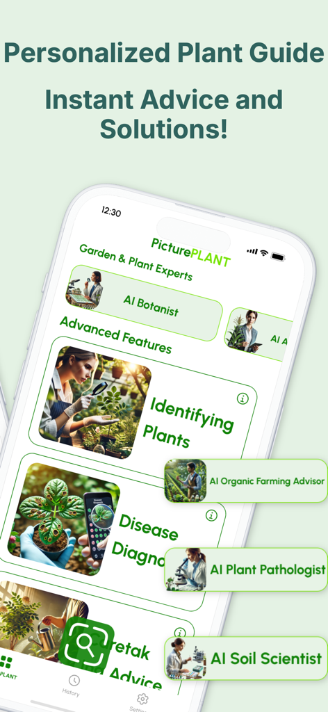 Interface de aplicativo móvel do Picture Plant mostrando guias de cuidados personalizados para plantas e opções de consulta com especialistas em IA.