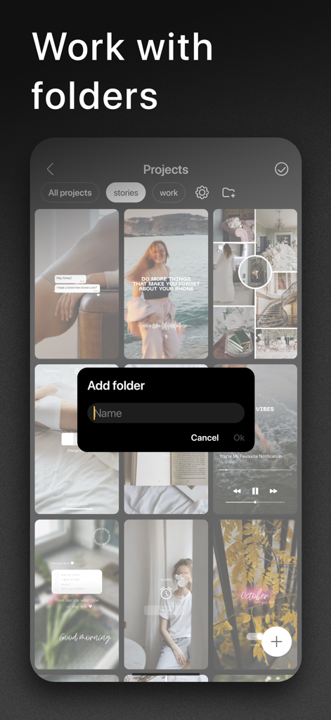 Graphionica: Story Maker - Bildschirm der Graphionica-App, der ein Raster von Social-Media-Story-Projekten und ein Pop-up-Fenster zur Erstellung eines neuen Ordners zur Organisation zeigt.
