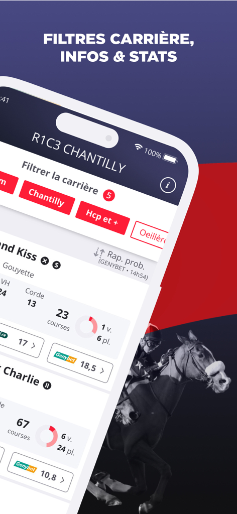 Interface de l'application Paris Turf montrant les filtres de carrière des chevaux et les statistiques de courses