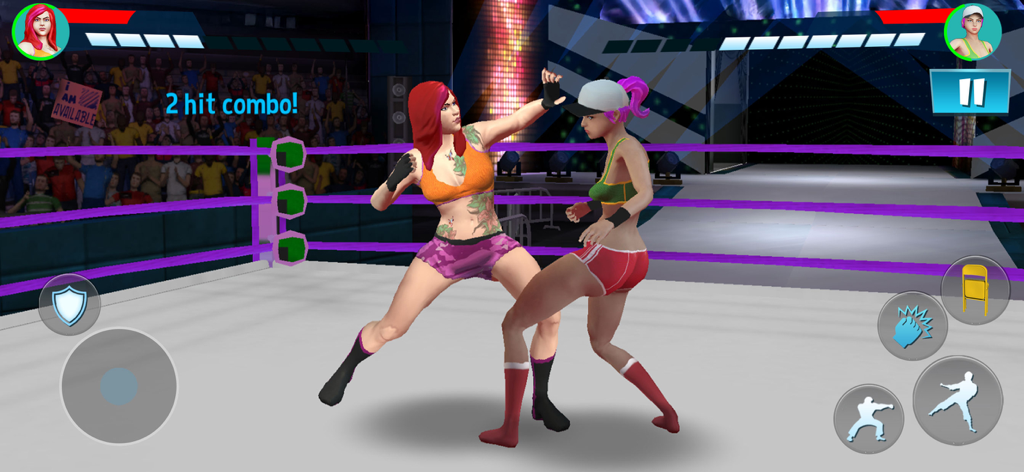 Wrestling Game: Ring Battle - Deux catcheuses s'affrontent dans un match de ring avec des contrôles mobiles de style arcade et un affichage des combos.