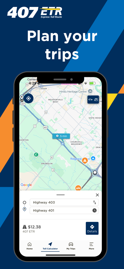 407 ETR - 407 ETR mobile app interface featuring a toll calculator and route planning map