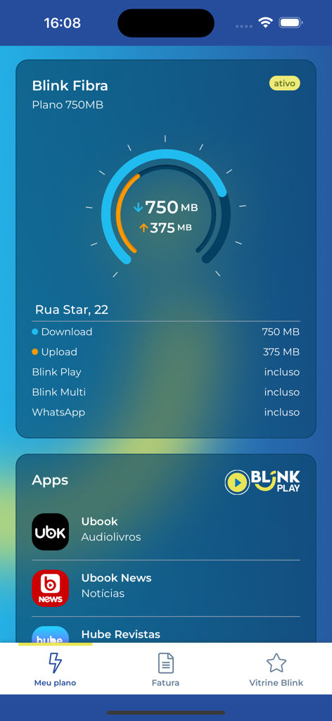 Minha Blink - Interface do aplicativo Minha Blink mostrando detalhes do plano de internet fibra e aplicativos incluídos