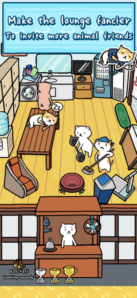 Cute animals relaxing and working in a cozy hot spring lounge facility