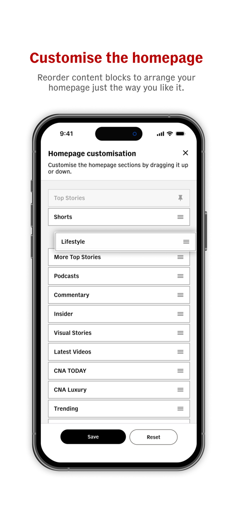 CNA (Channel NewsAsia) - Interface do aplicativo CNA mostrando como personalizar a página inicial de notícias reordenando blocos de conteúdo.