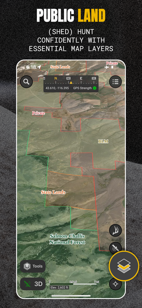 Scout To Hunt: Shed Hunt Maps - Scout To Hunt app interface showing public land and state land map layers for hunting
