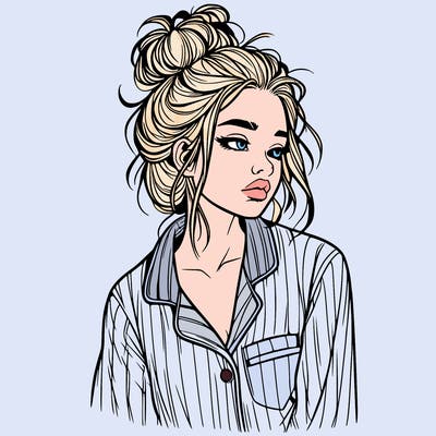 realistic woman with pajamas on and a messy bun