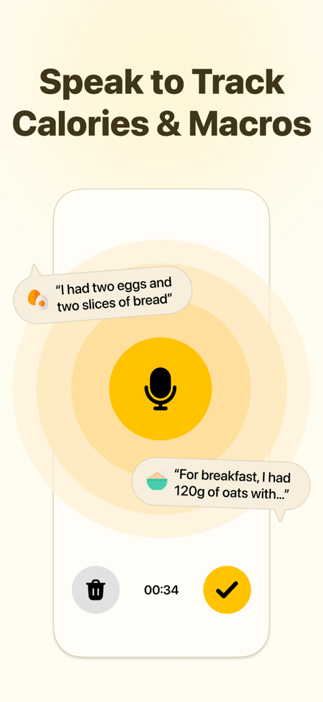 Interface de l'application Fitia montrant une icône de microphone et des bulles de discussion pour la saisie vocale des repas afin de suivre les calories et les macronutriments.
