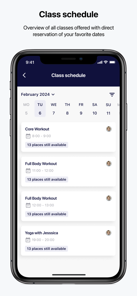 A mobile app interface showing a fitness class schedule with core workouts and yoga sessions for direct reservation