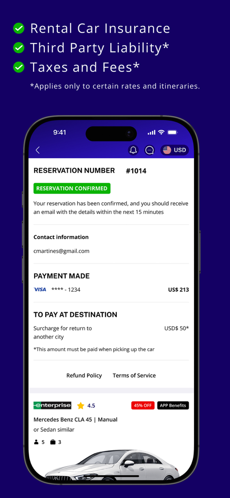 Hola Car Rentals - Hola Car Rentalsアプリの予約確認画面、予約詳細、支払い、含まれる保険が表示されている