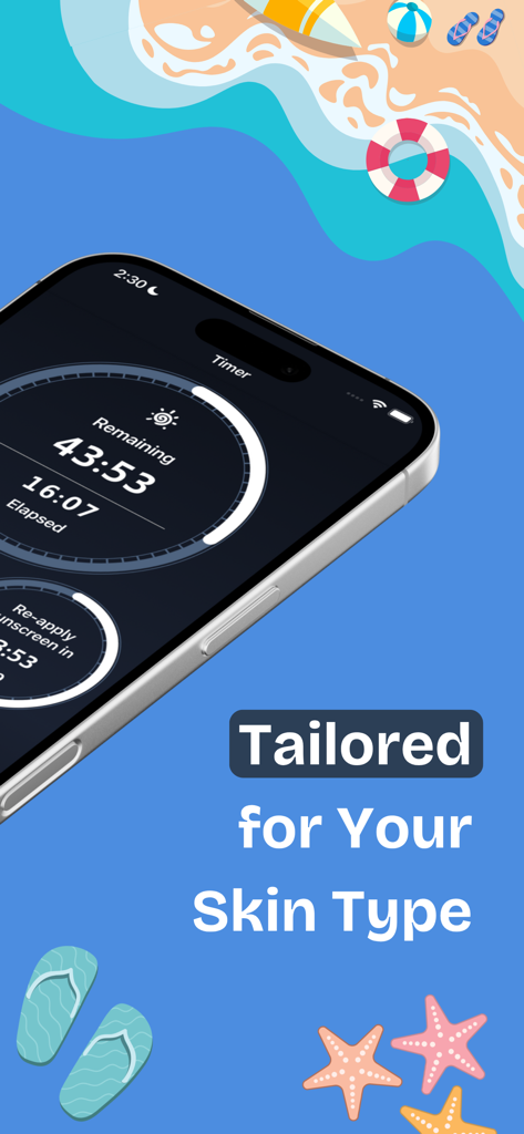 Sola: UV Index & Sun Exposure - Sola app timer interface for tracking sun exposure and sunscreen reapplication