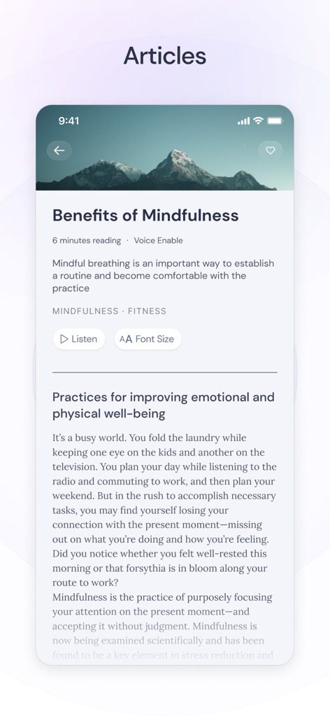 Balancy - Écran de l'application Balancy affichant un article de bien-être intitulé "Les avantages de la pleine conscience" avec des options pour écouter ou ajuster la taille de la police.
