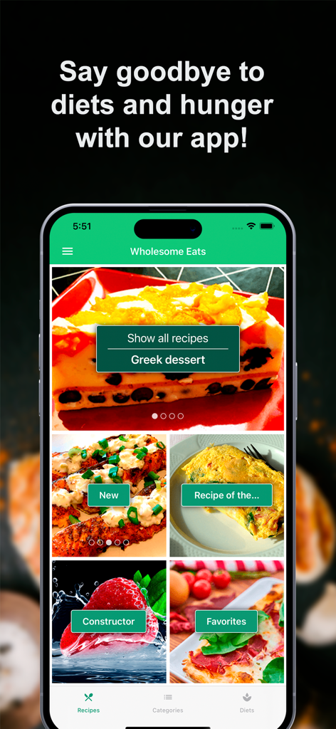 건강한 음식 레시피 앱 인터페이스에 새로운 레시피, 즐겨찾기 및 레시피 구성 도구 카테고리가 표시됨