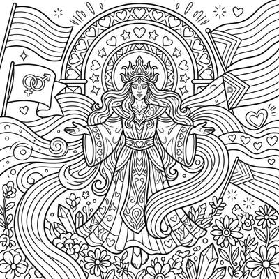 Unleash your creativity with this magnificent coloring page featuring a divine being celebrating Pride Month. Adorned with symbols of love and diversity, it's a powerful tribute to inclusivity.