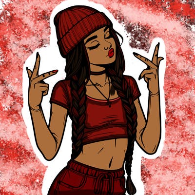 realistic teenage girl with braids and a beanie and crop top doing 🫶🏼