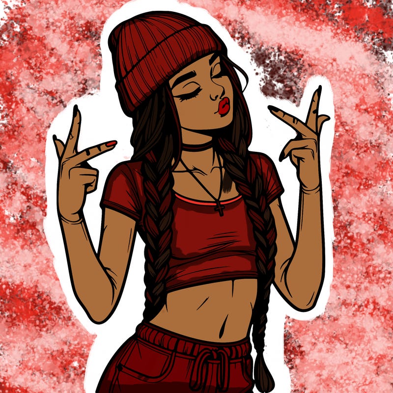 realistic teenage girl with braids and a beanie and crop top doing 🫶🏼