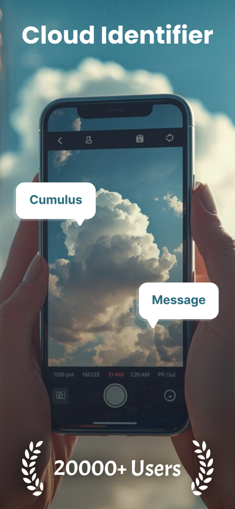 Pantalla de smartphone mostrando la aplicación Cloud Identifier Sky AI reconociendo una nube Cúmulo en el cielo