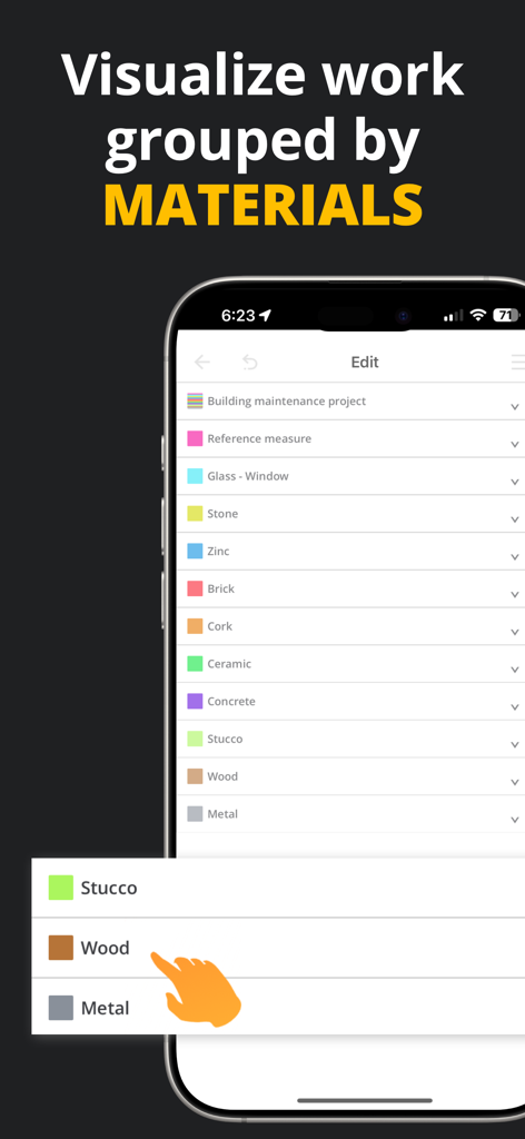MIDDELO Facade Measuring Tool - MIDDELO app screen showing construction project measurements grouped by materials like wood stucco and metal