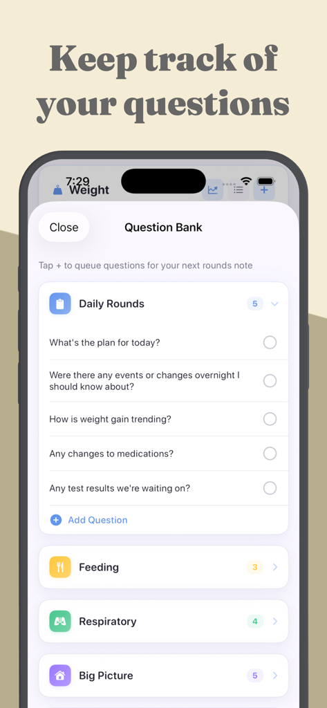 Roo: A NICU Companion App - Banco de preguntas de la aplicación complementaria Roo UCIN para el seguimiento de rondas diarias y preguntas médicas