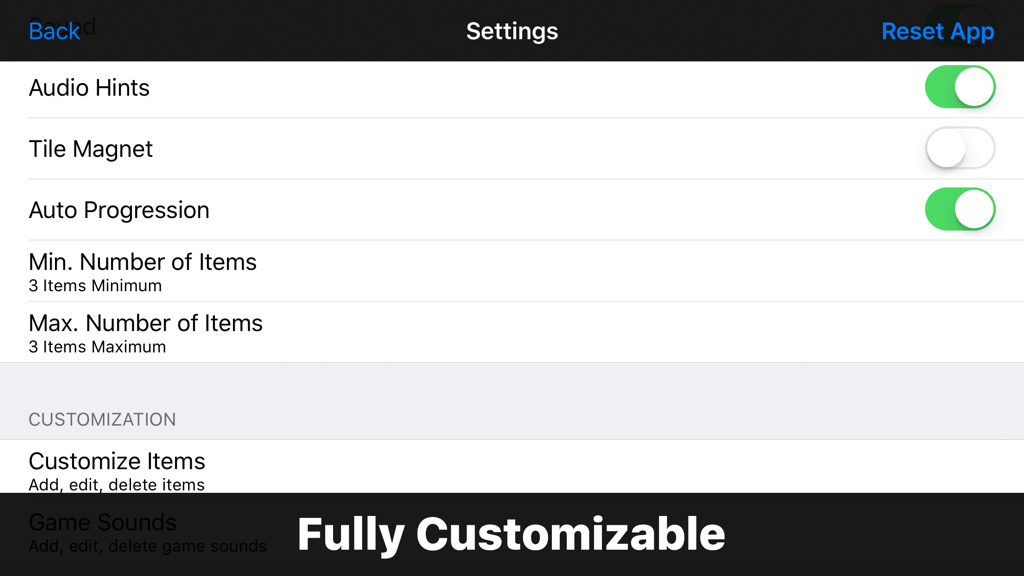 Match the Fraction アプリの設定メニュー。音声ヒント、タイルマグネット、ゲームカスタマイズのオプションが表示されている。