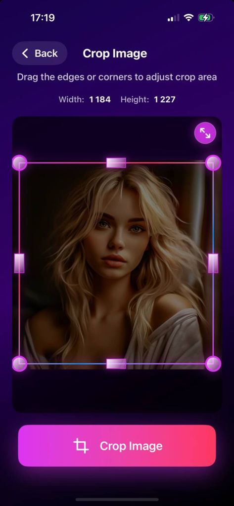 Crop Image - Your Photo Tool - The Crop Image app interface showing a portrait photo being cropped with adjustable handles