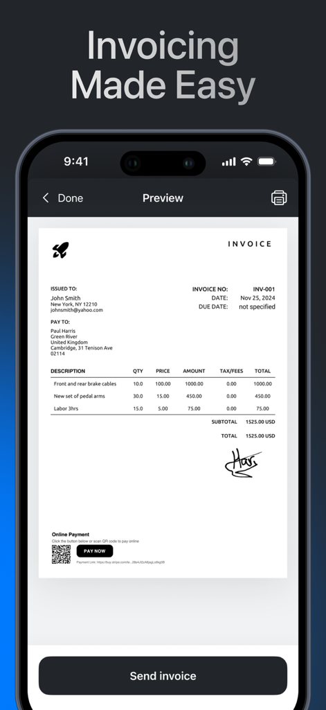 Professional invoice preview on a smartphone screen with a pay now button and digital signature.