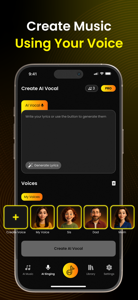 Interface of the Jukebox app showing how to create music using AI vocals with options to generate lyrics and select different voices like Mom or Dad.