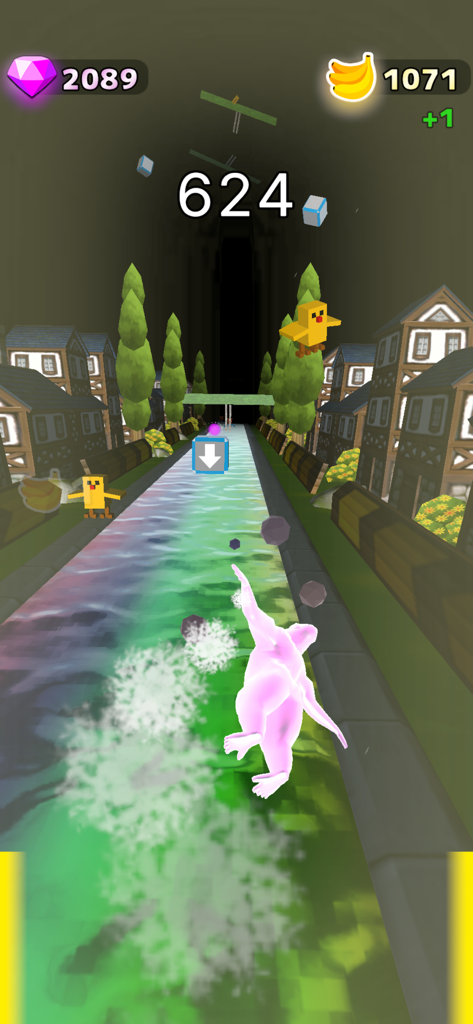 Flying Gorilla - A pink glowing gorilla character flying over a colorful water path in a 3D endless runner game