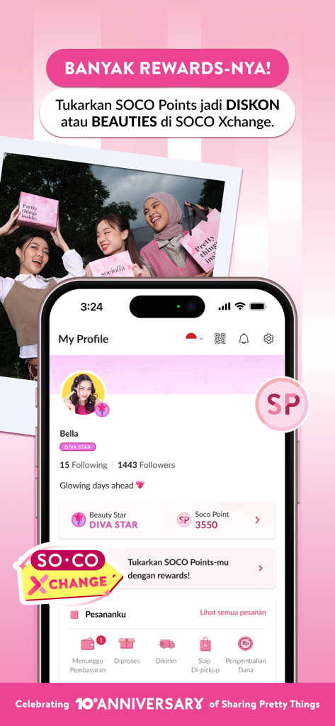 L'interfaccia dell'app SOCO by Sociolla mostra un profilo utente con punti premio e stato di appartenenza