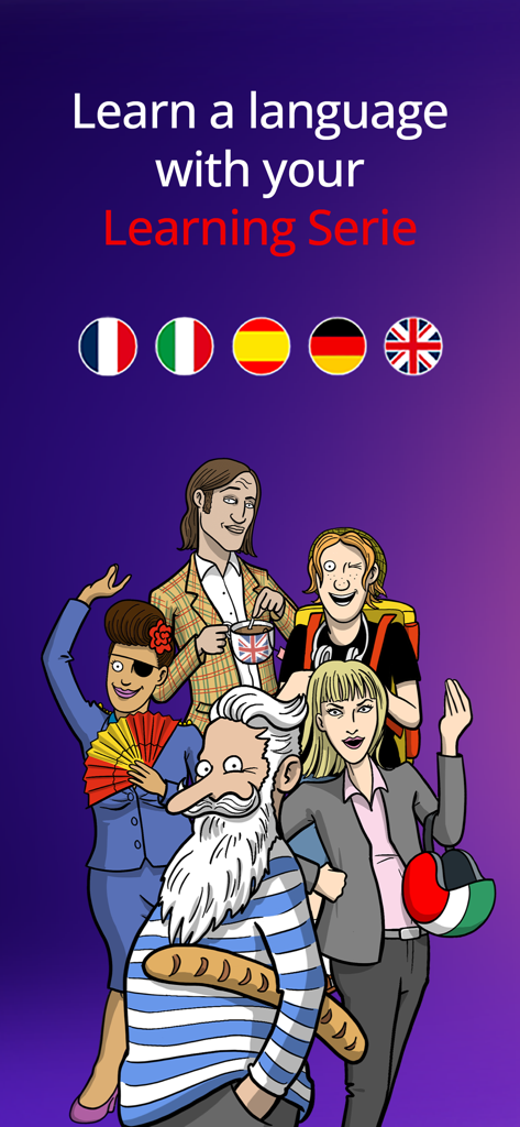 Gymglish: Learn a language - Gymglish App-Einführungsbildschirm mit schrägen Cartoon-Charakteren und internationalen Flaggen