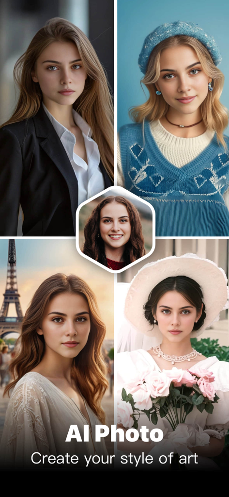 AI-generated portraits in various styles including professional travel and bridal looks