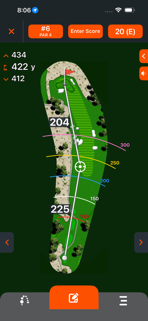 Bushnell Golf App zeigt animierte Lochansicht mit GPS-Entfernungen und Schlagplanungspunkten