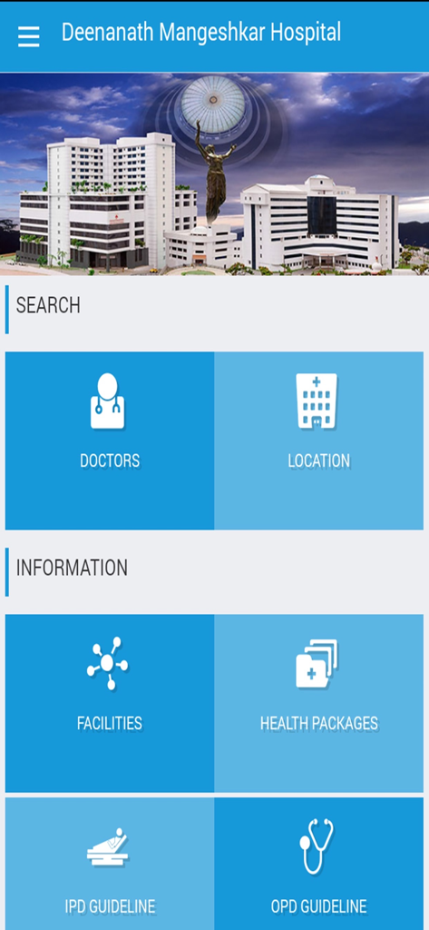 Interface of the Deenanath Mangeshkar Hospital app showing quick access tiles for doctors, facilities, and health packages