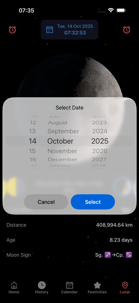 Onwá - Date picker interface in the Onwa Igbo lunar calendar app showing October 2025.