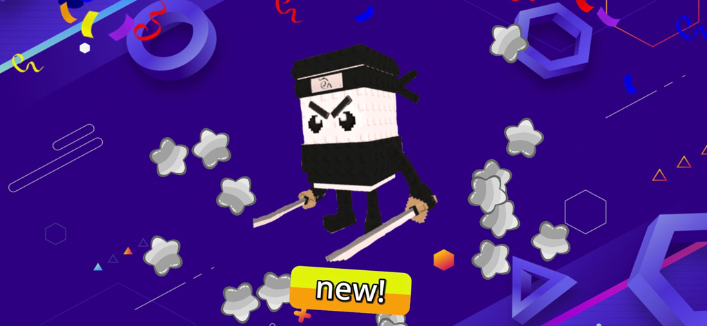 Find All Brainrot - Un personnage ninja voxel blocky tenant deux épées sur un fond violet vibrant avec des formes géométriques.