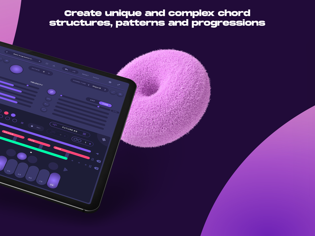 iPad上のChordjamアプリのインターフェースは、ユニークなコード構造と進行を作成するためのツールを示しています。