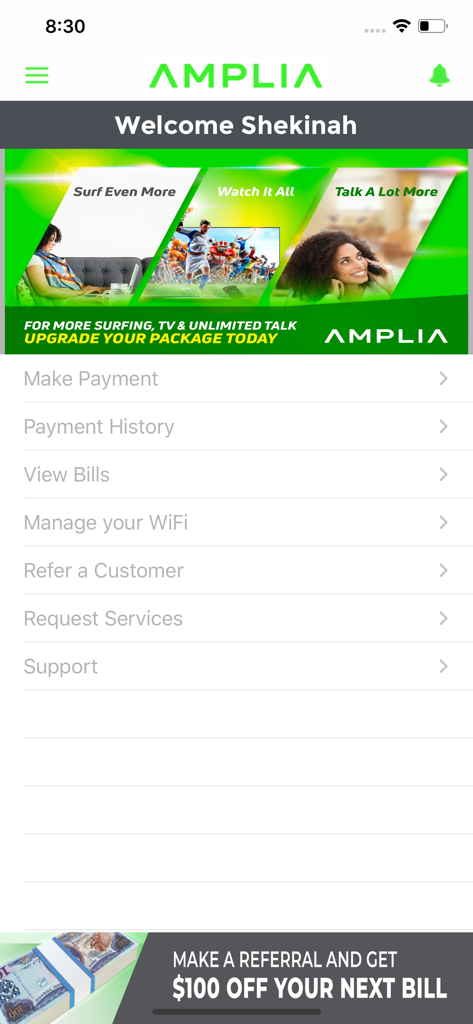AMPLIA 4U - Main dashboard of the AMPLIA 4U app showing account options like bill payment and WiFi management