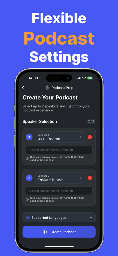 Smartphone screen showing the Notera app interface for selecting AI speakers and creating a personalized podcast from notes.