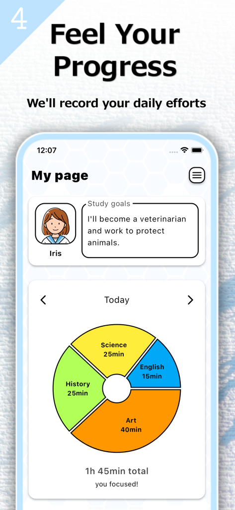 Study Circle 앱 인터페이스에 과목별 일일 집중 시간과 학생 목표를 나타내는 다채로운 파이 차트가 표시됩니다.