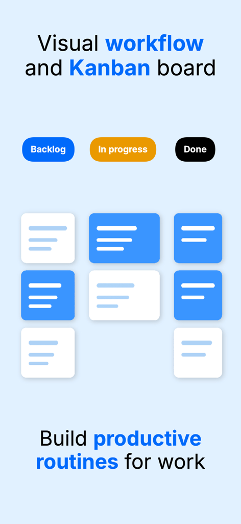 TaskMind: Task Manager - TaskMind app interface showing a visual Kanban board with backlog and progress columns for productive work routines