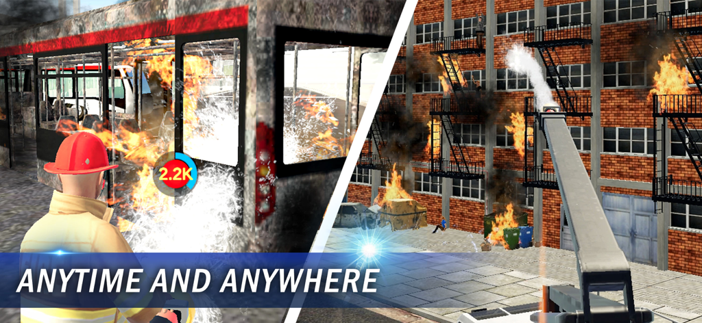 I'm Fireman - A firefighter extinguishing a burning bus and a fire truck ladder spraying water on an apartment fire in the city.