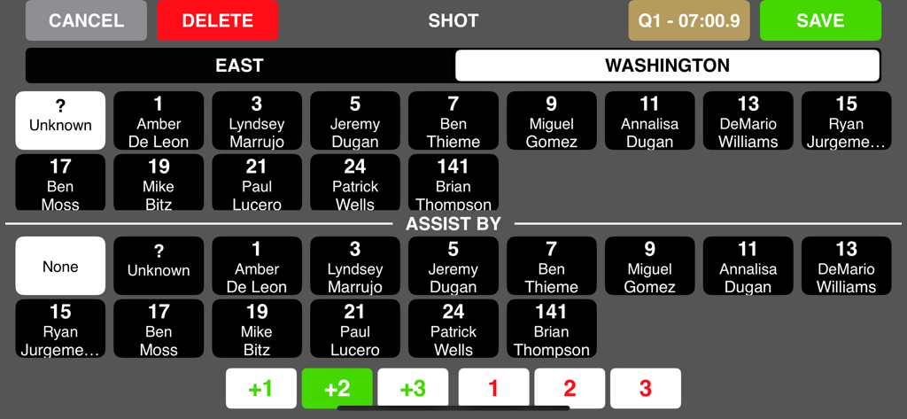 Basketball Scorebook+ - Digital basketball scorebook interface for recording shots and assists during a live game